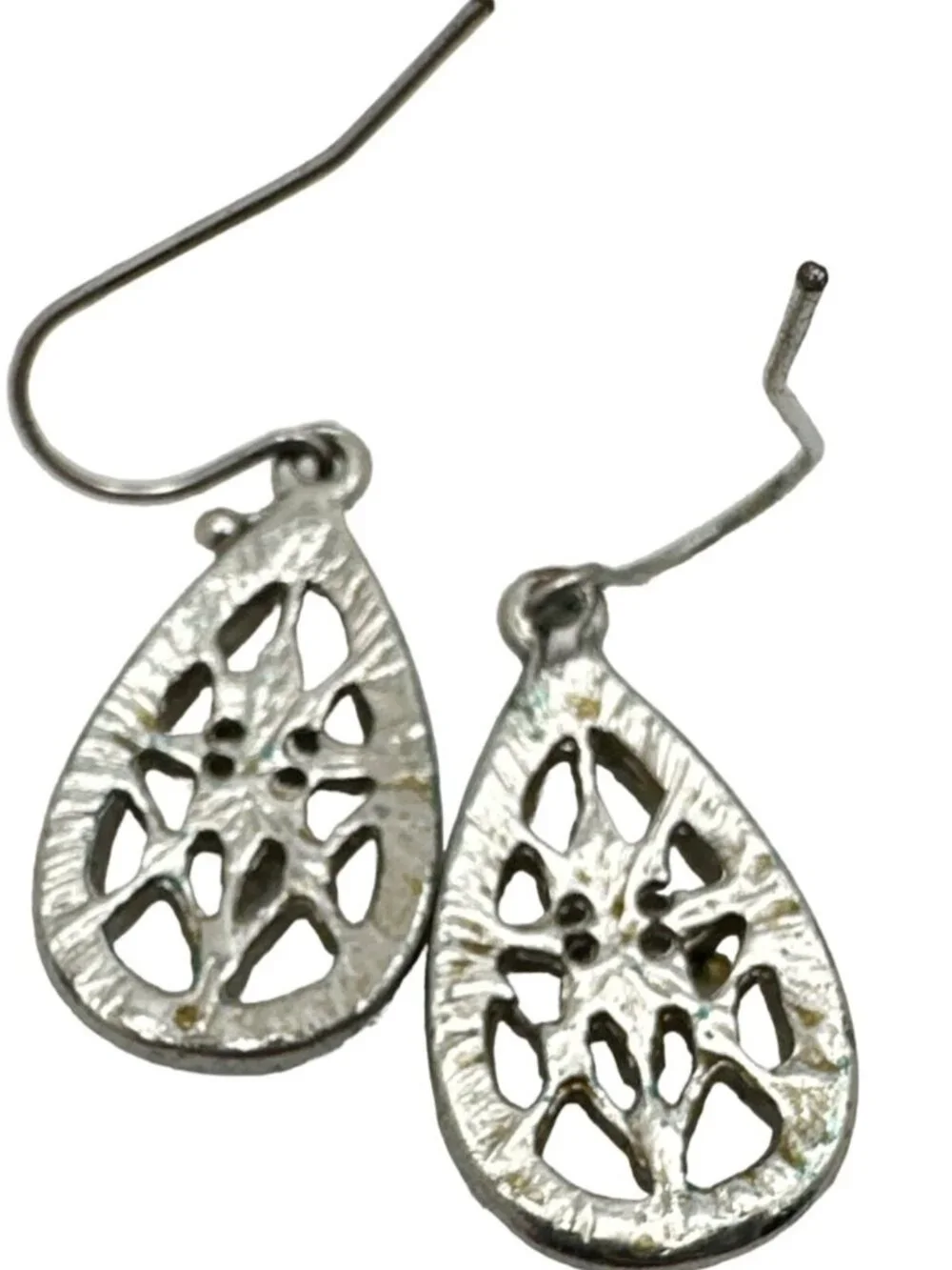 Silver Tone Filagree Teardrop Earrings Rhinestone
